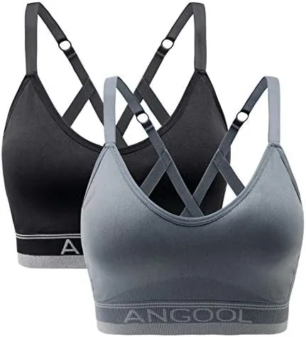 angool strappy sports bra for women longline medium support yoga bra wirefree padded sports bra with adjustable straps black grey 2 pack